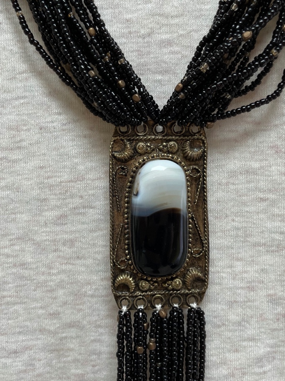 Black Beaded Fringe Pendant Necklace